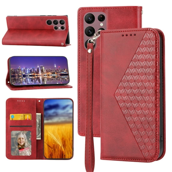 Feishell Compatible with Samsung Galaxy S22 Ultra 5G Slim Wallet Case with ID Credit Card Slots & Wrist Strap,Shockproof PU Leather Magnetic Closure Folio Flip Kickstand Protective Phone Cover,Red