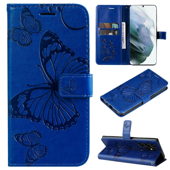 Feishell Compatible with Samsung Galaxy S22 Ultra (6.8 inch) Wallet Case with Wrist Strap,for Men Women,Butterfly Embossed PU Leather Flip Stand Card Slots Protective Phone Cover,Blue