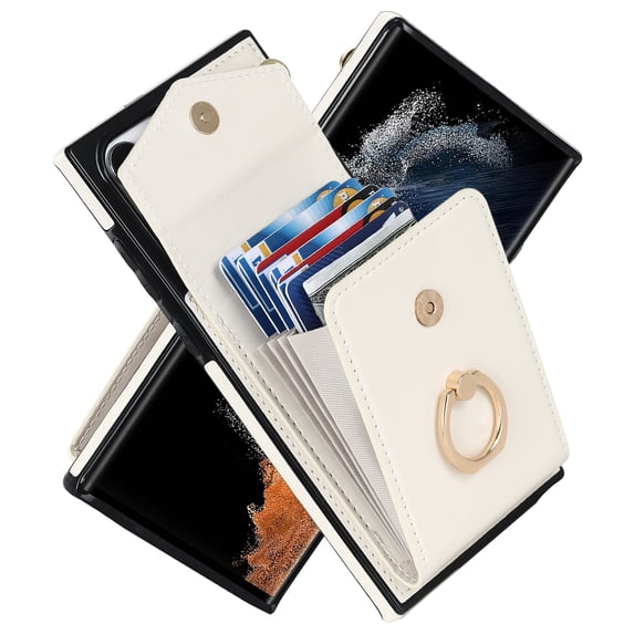 Feishell Compatible for Samsung Galaxy S22 Ultra Wallet Case with RFID Blocking Card Slots Case, PU Leather Finger Ring Holder Kickstand Wrist Strap Handbag Magnetic Shockproof Protective Cover,White