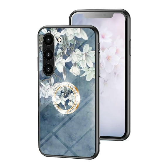 Feishell Compatible with Samsung Galaxy S23 Plus 6.6 inch Flower Pattern Case with Diamond Ring Holder Support Magnetic Car Mount,Shockproof Luxury Glossy Glass Slim Phone Case for Women Girls,E