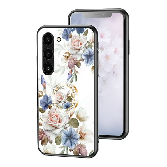 Feishell Compatible with Samsung Galaxy S23 Plus 6.6 inch Flower Pattern Case with Diamond Ring Holder Support Magnetic Car Mount,Shockproof Luxury Glossy Glass Slim Phone Case for Women Girls,A