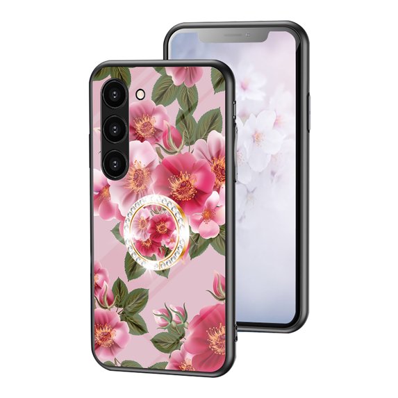 Feishell Compatible with Samsung Galaxy S23 Plus 6.6 inch Flower Pattern Case with Diamond Ring Holder Support Magnetic Car Mount,Shockproof Luxury Glossy Glass Slim Phone Case for Women Girls,F