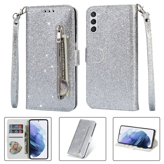 Feishell Compatible with Samsung Galaxy S23 Plus Wallet Case,Glitter Sparkly Bling PU Leather Zipper Pocket with Credit Card Holder Slots Shockproof Magnetic Clasp Folio Flip Stand Phone Case,Silver
