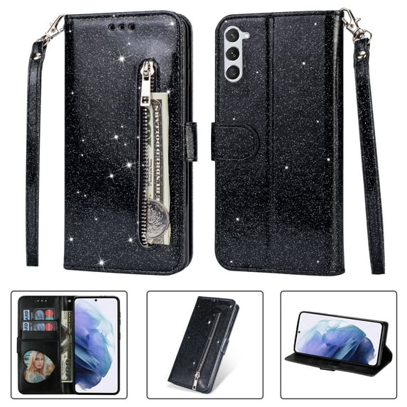 Feishell Compatible with Samsung Galaxy S23 Plus Wallet Case,Glitter Sparkly Bling PU Leather Zipper Pocket with Credit Card Holder Slots Shockproof Magnetic Clasp Folio Flip Stand Phone Case,Black
