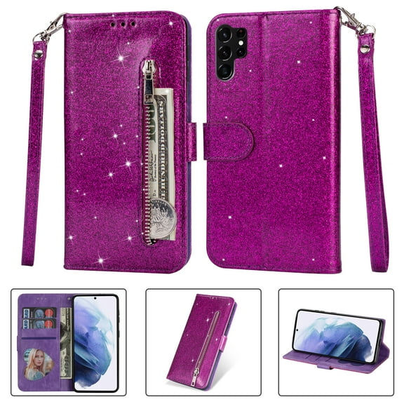 Feishell Compatible with Samsung Galaxy S23 Ultra Wallet Case,Glitter Sparkly Bling PU Leather Zipper Pocket with Credit Card Slots Shockproof Magnetic Clasp Folio Flip Stand Phone Case,Purple