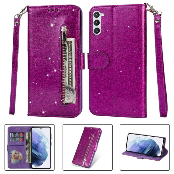 Feishell Compatible with Samsung Galaxy S23 Wallet Case,Glitter Sparkly Bling PU Leather Zipper Pocket with Credit Card Holder Slots Shockproof Magnetic Clasp Folio Flip Stand Phone Case,Purple