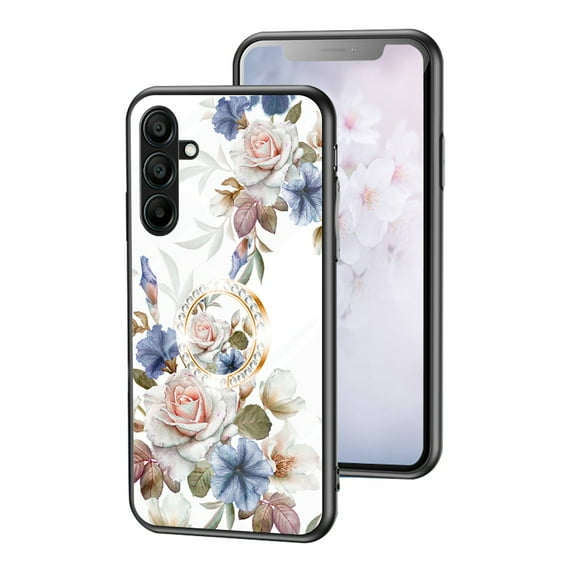 Feishell Compatible with Samsung Galaxy S25 Flower Pattern Case with Diamond Ring Holder Support Magnetic Car Mount,Shockproof Luxury Glossy Glass Slim Phone Case for Women Girls,A
