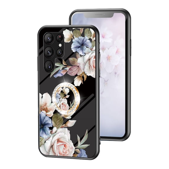Feishell Compatible with Samsung Galaxy S25 Ultra Flower Pattern Case with Diamond Ring Holder Support Magnetic Car Mount,Shockproof Luxury Glossy Glass Slim Phone Case for Women Girls,B