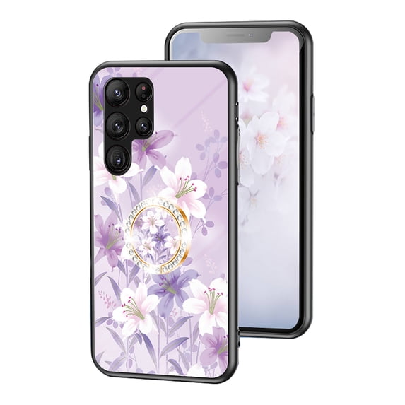 Feishell Compatible with Samsung Galaxy S25 Ultra Flower Pattern Case with Diamond Ring Holder Support Magnetic Car Mount,Shockproof Luxury Glossy Glass Slim Phone Case for Women Girls,C