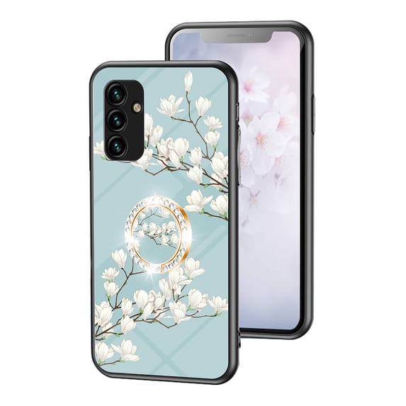 Feishell Compatible with Samsung Galaxy S26+ Flower Pattern Case with Diamond Ring Holder Support Magnetic Car Mount,Shockproof Luxury Glossy Glass Slim Phone Case for Women Girls,D