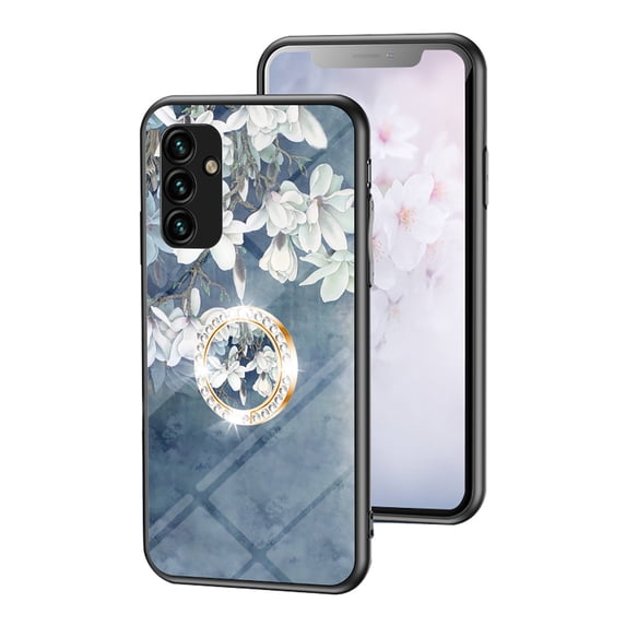Feishell Compatible with Samsung Galaxy S26+ Flower Pattern Case with Diamond Ring Holder Support Magnetic Car Mount,Shockproof Luxury Glossy Glass Slim Phone Case for Women Girls,E