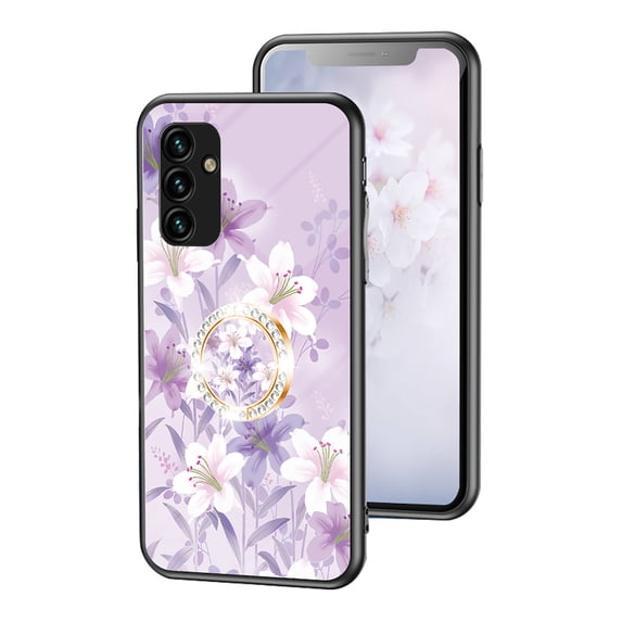 Feishell Compatible with Samsung Galaxy S26+ Flower Pattern Case with Diamond Ring Holder Support Magnetic Car Mount,Shockproof Luxury Glossy Glass Slim Phone Case for Women Girls,C