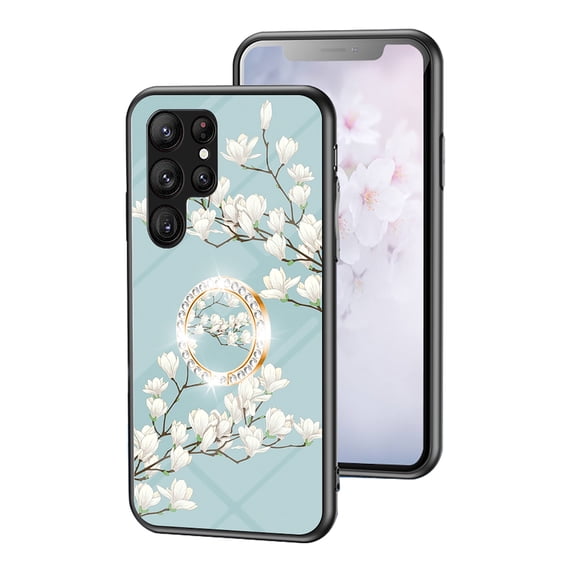 Feishell Compatible with Samsung Galaxy S26 Ultra Flower Pattern Case with Diamond Ring Holder Support Magnetic Car Mount,Shockproof Luxury Glossy Glass Slim Phone Case for Women Girls,D