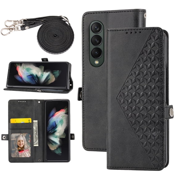 Feishell Compatible with Samsung Galaxy Z Fold4 Slim Wallet Case with ID Credit Card Slots & Shoulder Strap,Shockproof PU Leather Magnetic Closure Folio Flip Kickstand Protective Phone Cover,Black