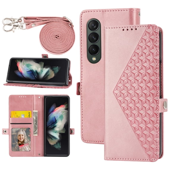 Feishell Compatible with Samsung Galaxy Z Fold4 Slim Wallet Case with ID Credit Card Slots & Shoulder Strap,Shockproof PU Leather Magnetic Closure Folio Flip Kickstand Protective Phone Cover,Rosegold