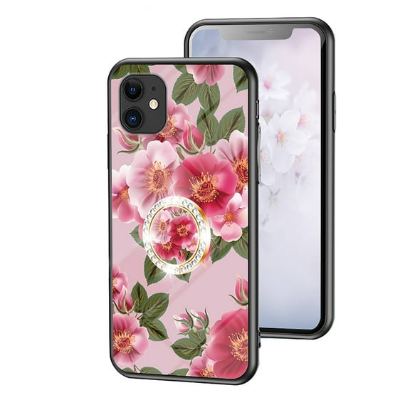 Feishell Compatible with iPhone 11 6.1 inch Flower Pattern Case with Diamond Ring Holder Support Magnetic Car Mount,Shockproof Luxury Glossy Glass Slim Phone Case for Women Girls,F