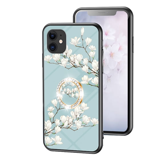 Feishell Compatible with iPhone 11 6.1 inch Flower Pattern Case with Diamond Ring Holder Support Magnetic Car Mount,Shockproof Luxury Glossy Glass Slim Phone Case for Women Girls,D