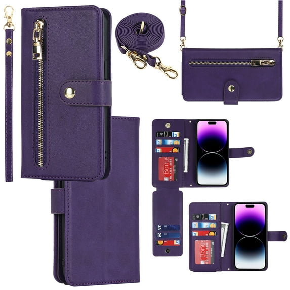 Feishell Compatible with for iPhone 12 Pro/12 Wallet Case Crossbody, Zipper Phone Case with RFID Blocking Card Holder Wrist Strap Leather Purse Gift for Women For iPhone 12/12 Pro, Purple