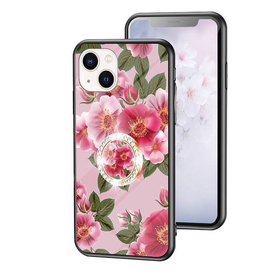 Feishell Compatible with iPhone 13 6.1 inch Flower Pattern Case with Diamond Ring Holder Support Magnetic Car Mount,Shockproof Luxury Glossy Glass Slim Phone Case for Women Girls,F