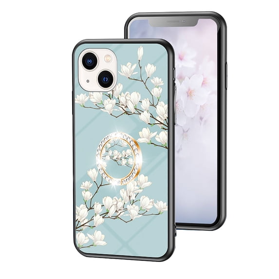 Feishell Compatible with iPhone 13 6.1 inch Flower Pattern Case with Diamond Ring Holder Support Magnetic Car Mount,Shockproof Luxury Glossy Glass Slim Phone Case for Women Girls,D