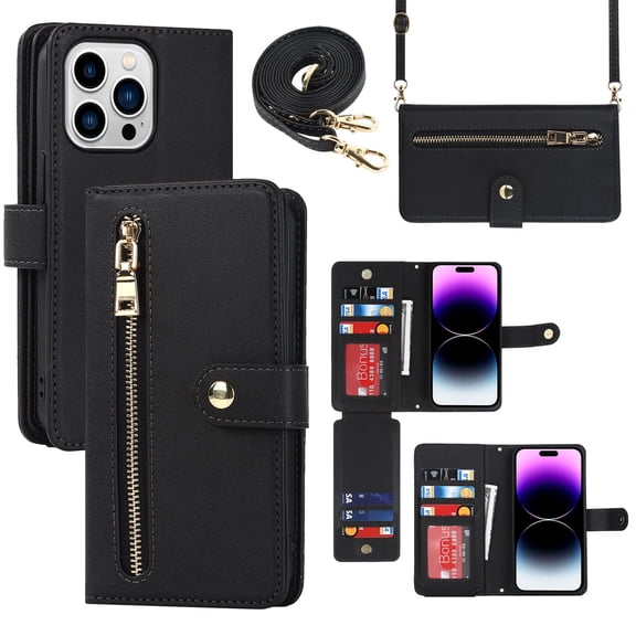 Feishell Compatible with for iPhone 13 Pro Max Wallet Case Crossbody, Zipper Phone Case with RFID Blocking Card Holder Wrist Strap Leather Purse Gift for Women For iPhone 13 Pro Max, Black