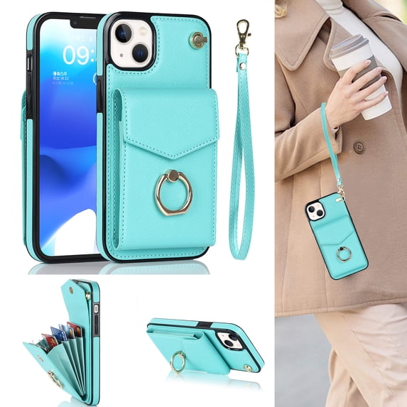 Feishell Compatible for iPhone 13 Wallet Case with Detachable Wrist Strap Handbag RFID Blocking Shield Protective Case, Card Slots Magnetic Kickstand Finger Ring Holder Shockproof Cover,Mint