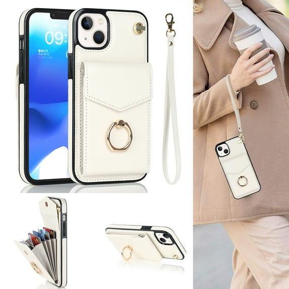 Feishell Compatible for iPhone 13 Wallet Case with Detachable Wrist Strap Handbag RFID Blocking Shield Protective Case, Card Slots Magnetic Kickstand Finger Ring Holder Shockproof Cover,White