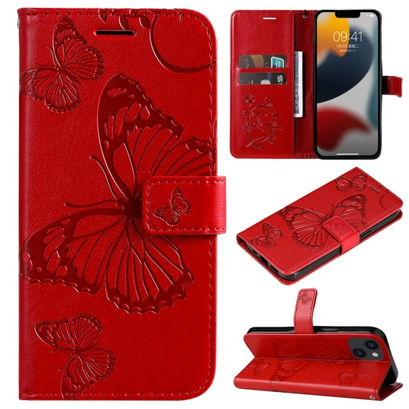 Feishell Compatible with iPhone 15 Wallet Case with Wrist Strap,for Men Women,Butterfly Embossed PU Leather Flip Stand Card Slots Protective Magnetic Flip Kickstand Phone Cover,Red