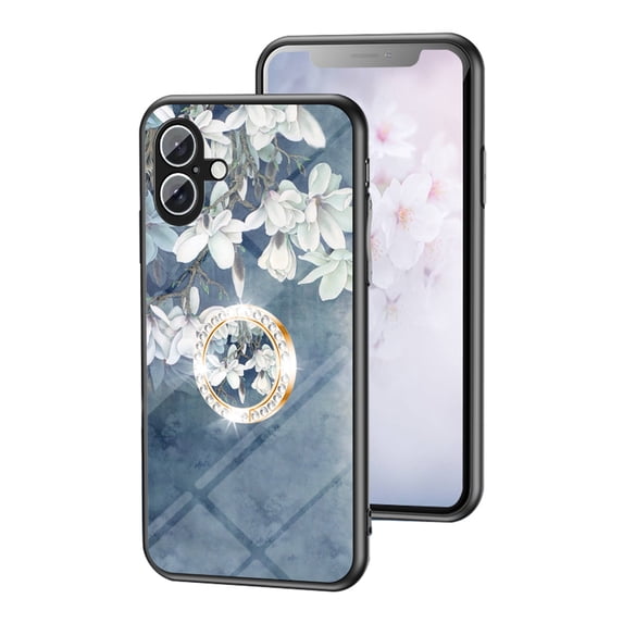 Feishell Compatible with iPhone 16 Flower Pattern Case with Diamond Ring Holder Support Magnetic Car Mount,Shockproof Luxury Glossy Glass Slim Phone Case for Women Girls,E