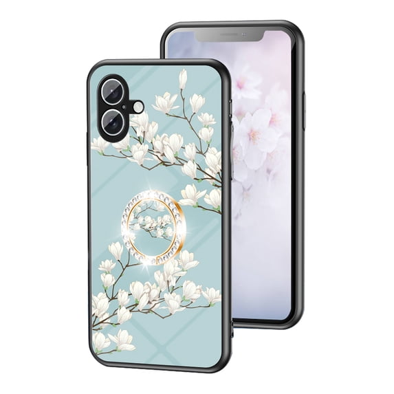 Feishell Compatible with iPhone 16 Flower Pattern Case with Diamond Ring Holder Support Magnetic Car Mount,Shockproof Luxury Glossy Glass Slim Phone Case for Women Girls,D
