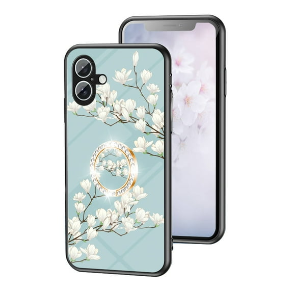Feishell Compatible with iPhone 16 Plus Flower Pattern Case with Diamond Ring Holder Support Magnetic Car Mount,Shockproof Luxury Glossy Glass Slim Phone Case for Women Girls,D