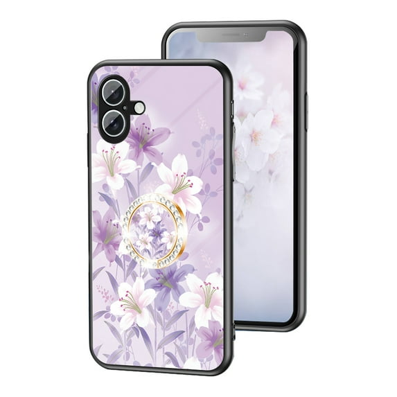 Feishell Compatible with iPhone 16 Plus Flower Pattern Case with Diamond Ring Holder Support Magnetic Car Mount,Shockproof Luxury Glossy Glass Slim Phone Case for Women Girls,C