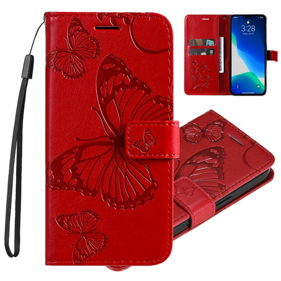 Feishell Compatible with iPhone 16 Plus Wallet Case with Wrist Strap,for Men Women,Butterfly Embossed PU Leather Flip Stand Card Slots Protective Magnetic Flip Kickstand Phone Cover,Red