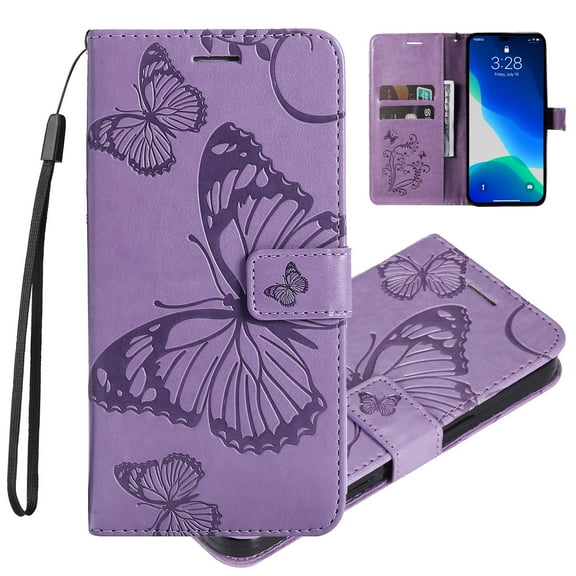 Feishell Compatible with iPhone 16 Wallet Case with Wrist Strap,for Men Women,Butterfly Embossed PU Leather Flip Stand Card Slots Protective Magnetic Flip Kickstand Phone Cover,Purple