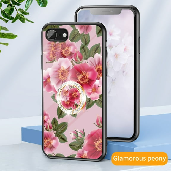 Feishell Compatible with iPhone 16e Flower Pattern Case with Diamond Ring Holder Support Magnetic Car Mount,Shockproof Luxury Glossy Glass Slim Phone Case for Women Girls,F