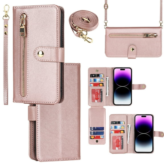 Feishell Compatible with for iPhone XR Wallet Case Crossbody, Zipper Phone Case with RFID Blocking Card Holder Wrist Strap Leather Purse Gift for Women For iPhone XR, Rosegold