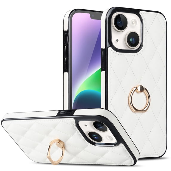 Feishell Cover Compatible with Apple iPhone 14 6.1 Inch,Fashion Diamond-shaped Texture PU Leather Shockproof Metal Finger Ring Holder Kickstand Lightweight Anti-Scratch Phone Case,White