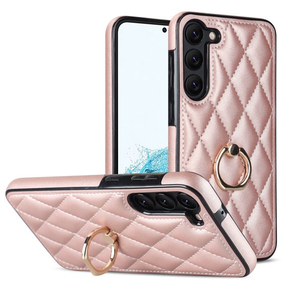 Feishell Cover Compatible with Samsung Galaxy S23 6.1 Inch,Fashion Diamond-shaped Texture PU Leather Shockproof Metal Finger Ring Holder Kickstand Lightweight Anti-Scratch Phone Case,Rosegold