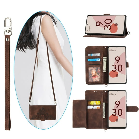 Feishell Cover for Google Pixel 6 Pro, Women Crossbody Magnetic Flip Embossed Shoulder Strap & Credit Card Holder Phone Case with Strap PU Leather Case with Kickstand For Google Pixel 6 Pro, Brown