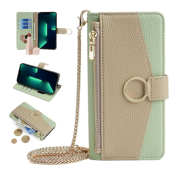 Feishell Cover for Samsung A56 5G, Crossbody Wallet RFID Blocking Card Slot Holder, Magnetic Flip Folio Purse Case PU Leather Zipper Handbag Detachable Lanyard Strap for Samsung Galaxy A56 5G,Green