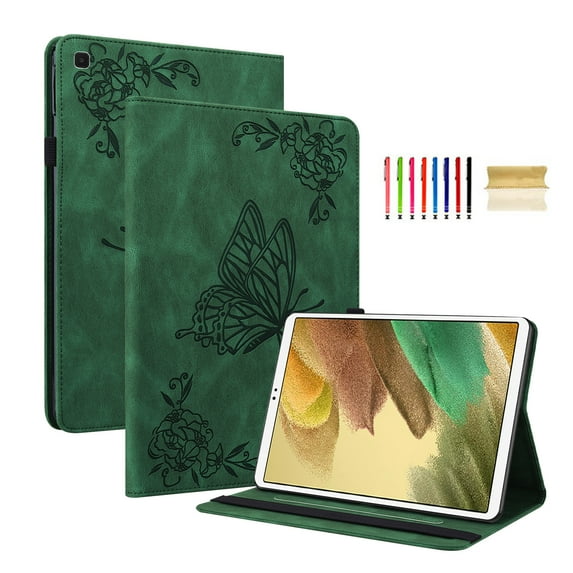 Feishell Cover for Samsung Galaxy Tab A7 Lite 8.7" SM-T220/T225 (2021),Shockproof Butterfly & Flower Embossed Pattern PU Leather Folio Flip Card Slots Wallet Case Cover,Green