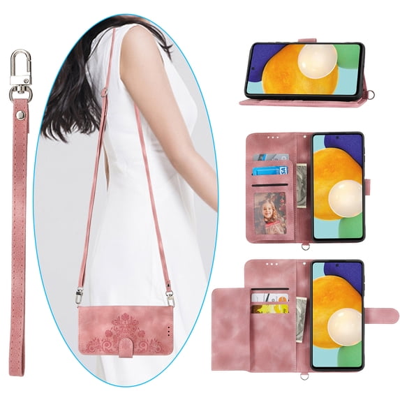 Feishell Cover for Samsung S21 FE, Women Crossbody Magnetic Flip Embossed Shoulder Strap & Credit Card Holder Phone Case with Strap PU Leather Case with Kickstand for Samsung Galaxy S21 FE, Pink