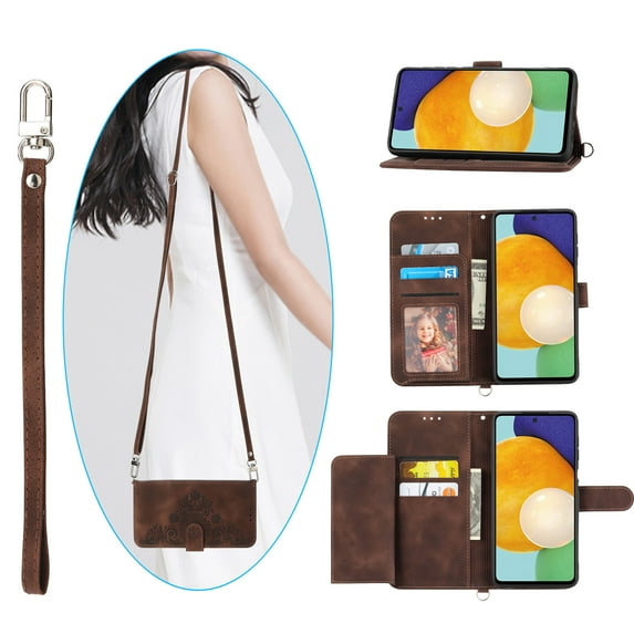 Feishell Cover for Samsung S23 Ultra, Women Crossbody Magnetic Flip Embossed Shoulder Strap & Credit Card Holder Phone Case with Strap PU Leather Case Kickstand for Samsung Galaxy S23 Ultra, Brown