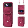 thumbnail image 1 of Feishell Cover for Samsung Z Flip3, Women Crossbody Magnetic Flip Embossed Shoulder Strap & Credit Card Holder Phone Case with Strap PU Leather Case with Kickstand for Samsung Galaxy Z Flip3, Winered, 1 of 8