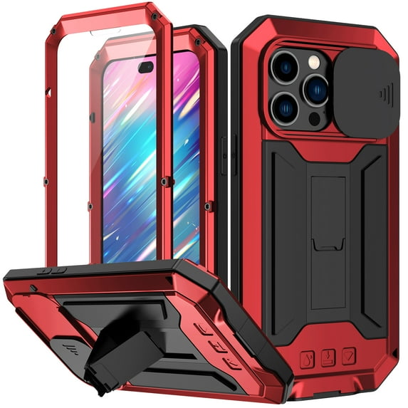 Feishell Cover for iPhone 14 Pro Case Heavy Dustproof Shockproof Dropproof Military Grade Rugged Durable Aluminum Metal Case with Kickstand Screen Protector, Red