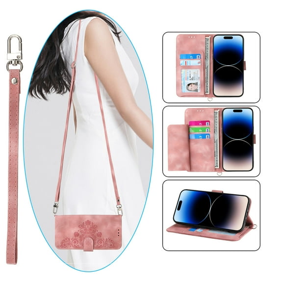 Feishell Cover for iPhone 14 Pro, Women Crossbody Magnetic Flip Embossed Shoulder Strap & Credit Card Holder Phone Case with Strap PU Leather Case with Kickstand For iPhone 14 Pro, Pink