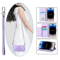 Feishell Cover for iPhone 14 Pro, Women Crossbody Magnetic Flip Embossed Shoulder Strap & Credit Card Holder Phone Case with Strap PU Leather Case with Kickstand For iPhone 14 Pro, Purple