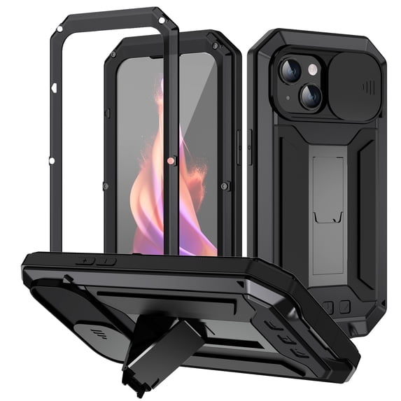Feishell Cover for iPhone 15 Plus Case Heavy Dustproof Shockproof Dropproof Military Grade Rugged Durable Aluminum Metal Case with Kickstand Screen Protector Full Body Cover, Black