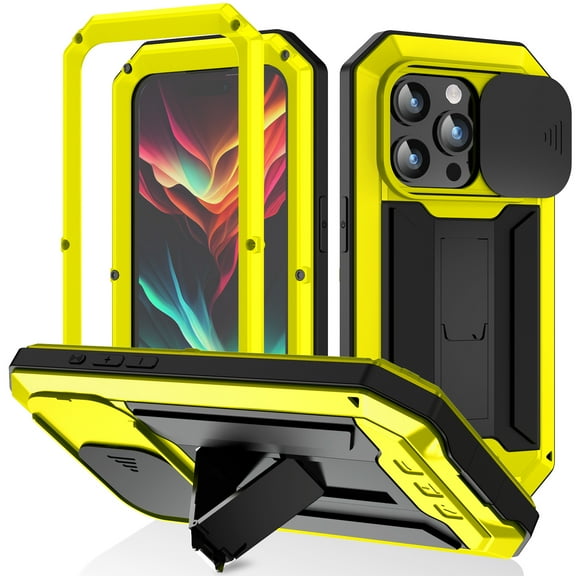 Feishell Cover for iPhone 15 Pro Case Heavy Dustproof Shockproof Dropproof Military Grade Rugged Durable Aluminum Metal Case with Kickstand Screen Protector Full Body Cover, Yellow