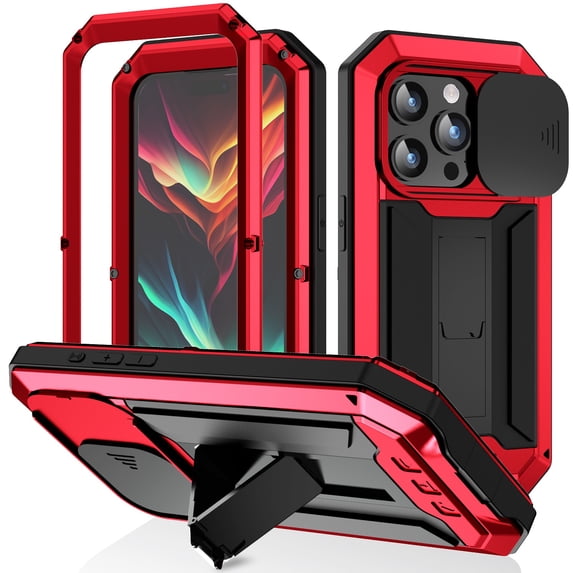 Feishell Cover for iPhone 15 Pro Max Case Heavy Dustproof Shockproof Dropproof Military Grade Rugged Durable Aluminum Metal Case with Kickstand Screen Protector Full Body Cover, Red